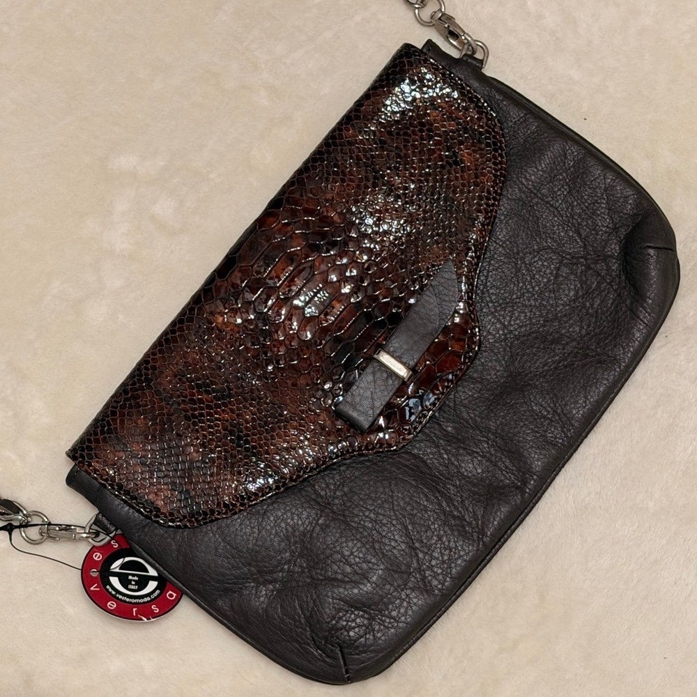 Estro Versa Italy Black Leather Brown Snakeskin Crossbody Bag Vera Pelle